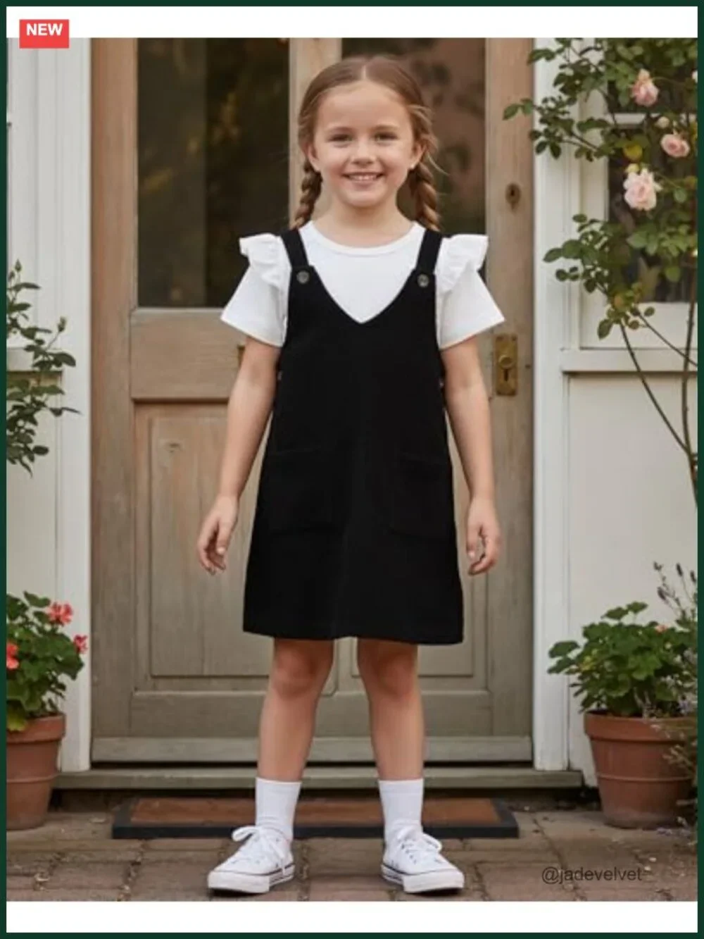 Toddler Girl V Neck Corduroy Pinafore Overall Dress Short Sleeve T-Shirt Set